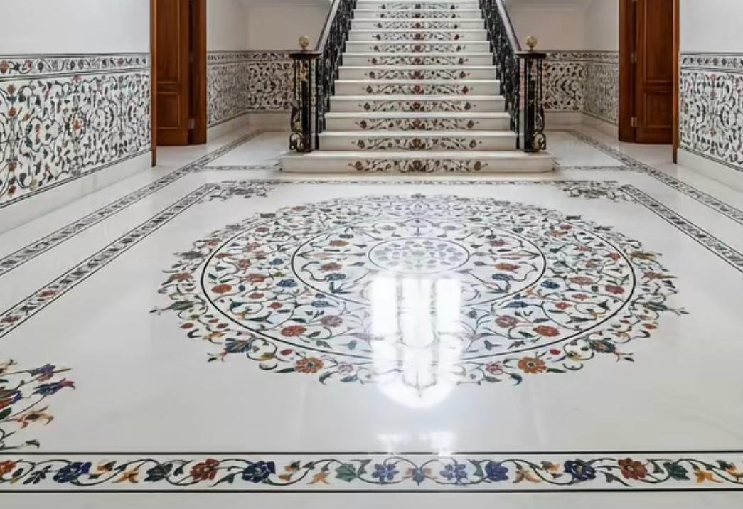 pure white marble flooring with inlay work