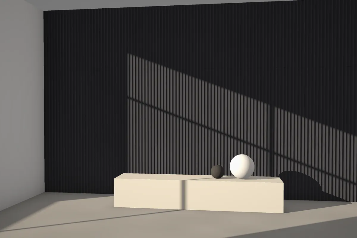 Breaking Wave fluted stone wall cladding on a feature wall in daylight, visualised in black granite