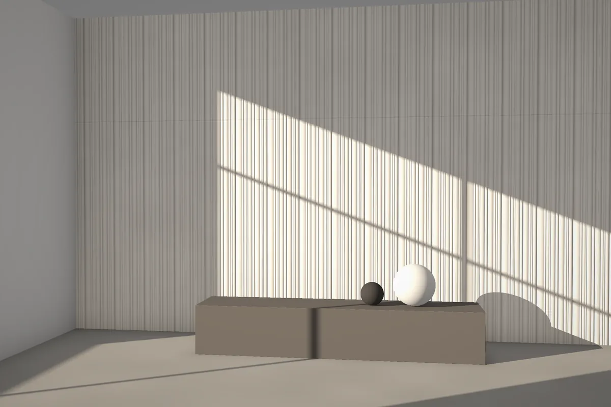 Variable Reed fluted stone wall cladding on a feature wall in daylight, visualised in quartzite