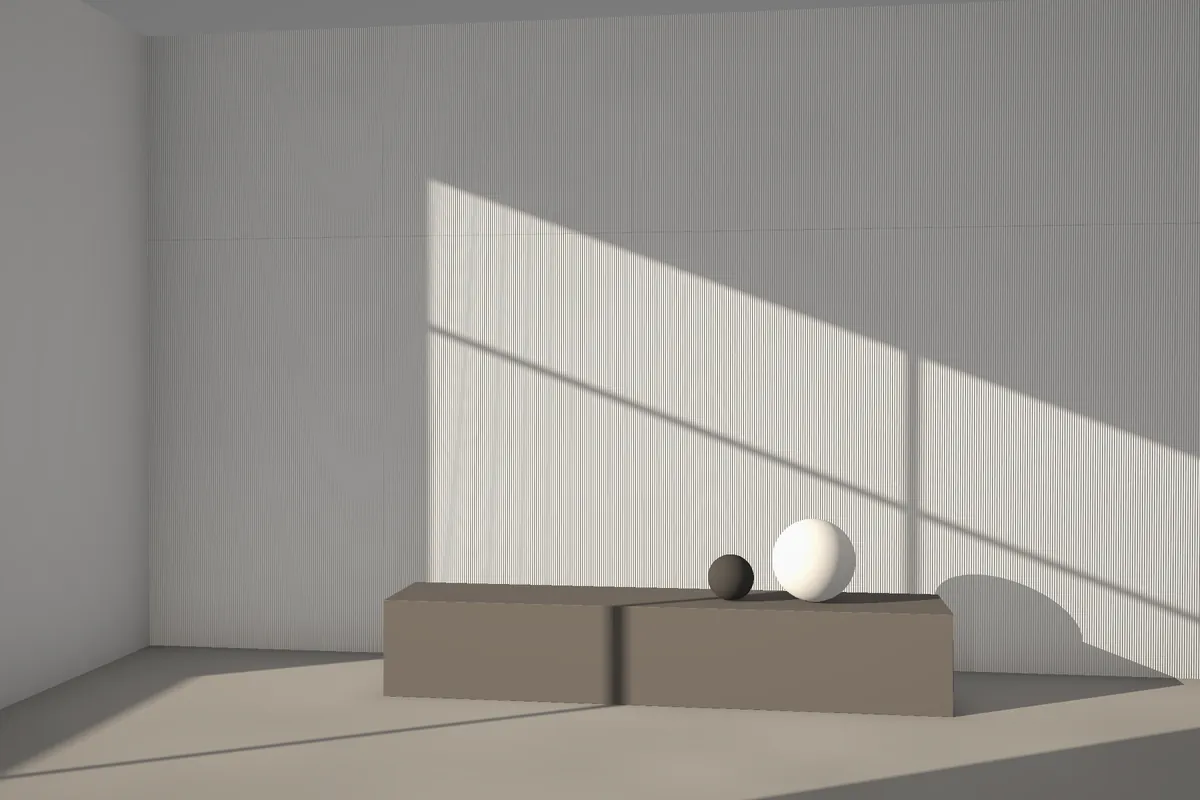 Asolo fluted stone wall cladding on a feature wall in daylight, visualised in white marble