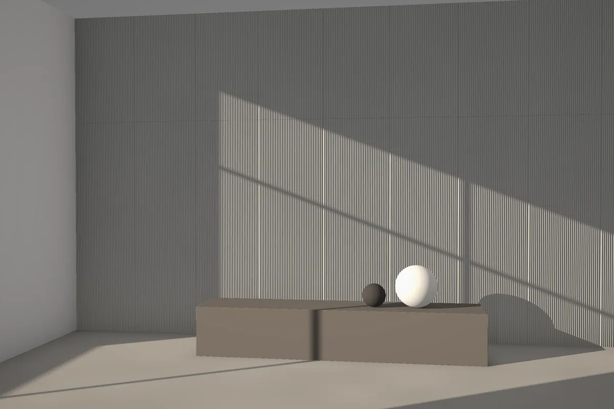 Grappa fluted stone wall cladding on a feature wall in daylight, visualised in grey granite
