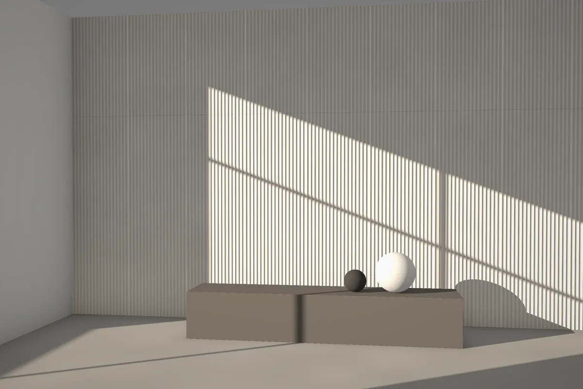 Siena fluted stone wall cladding on a feature wall in daylight, visualised in quartzite