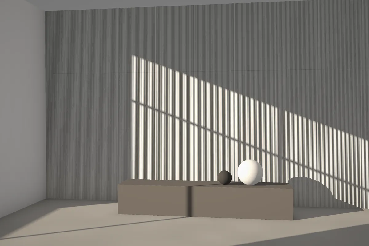 Verona fluted stone wall cladding on a feature wall in daylight, visualised in grey granite