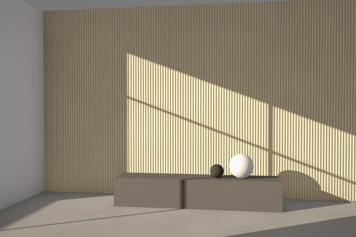 Garda fluted stone wall cladding on a feature wall in daylight, visualised in sandstone