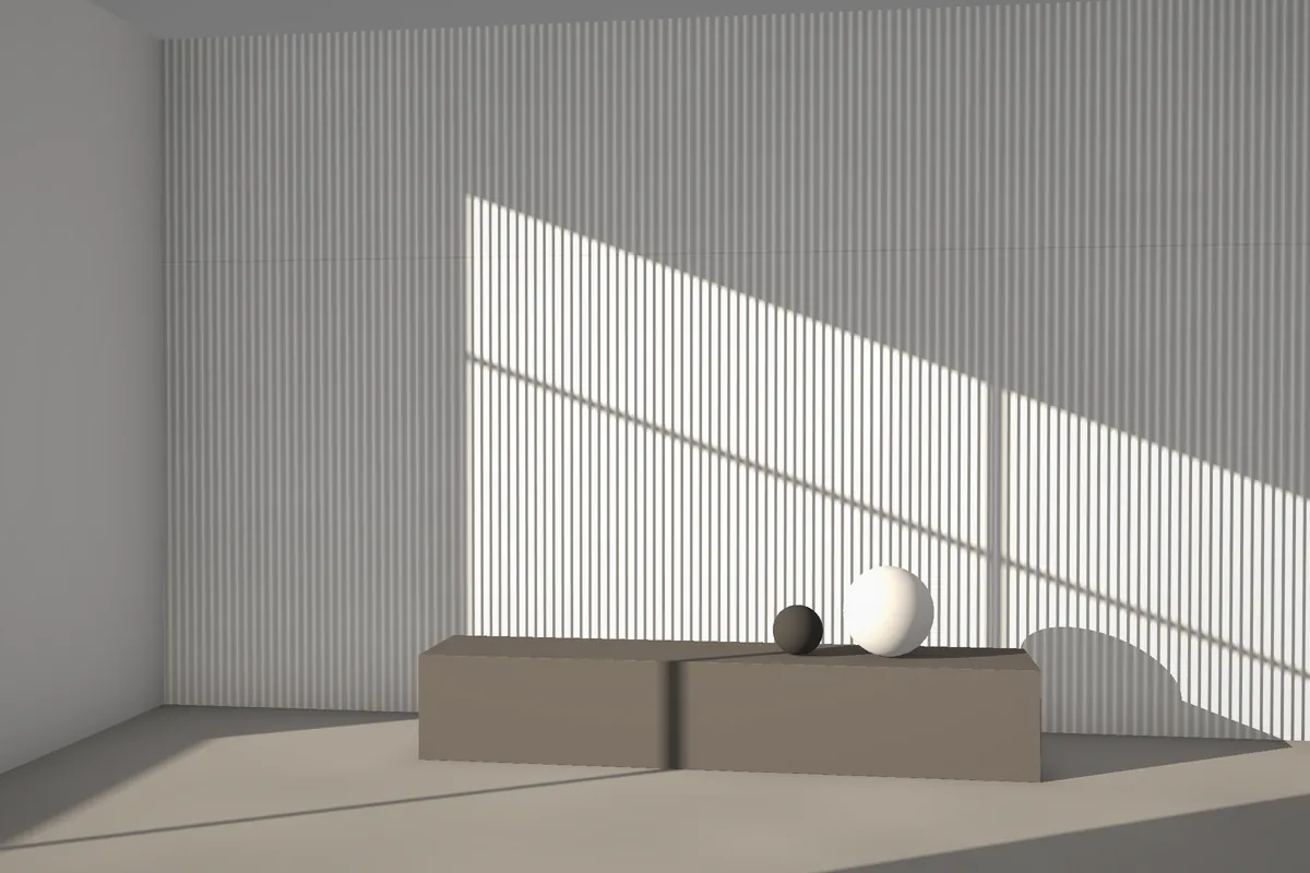 Parma fluted stone wall cladding on a feature wall in daylight, visualised in white marble