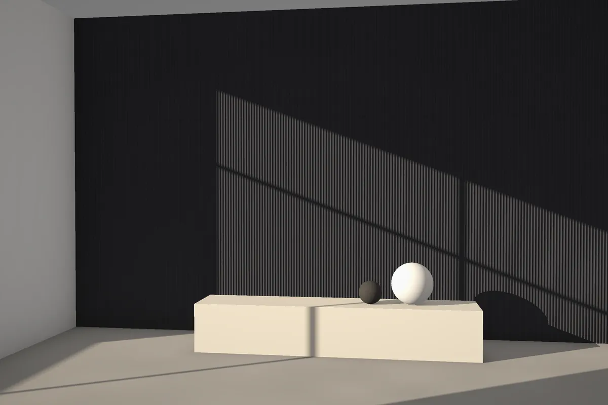 Modena fluted stone wall cladding on a feature wall in daylight, visualised in black granite
