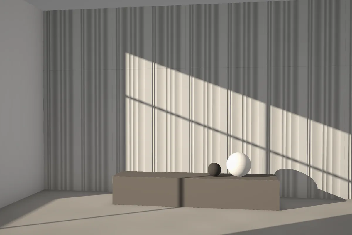 Ravenna fluted stone wall cladding on a feature wall in daylight, visualised in grey granite