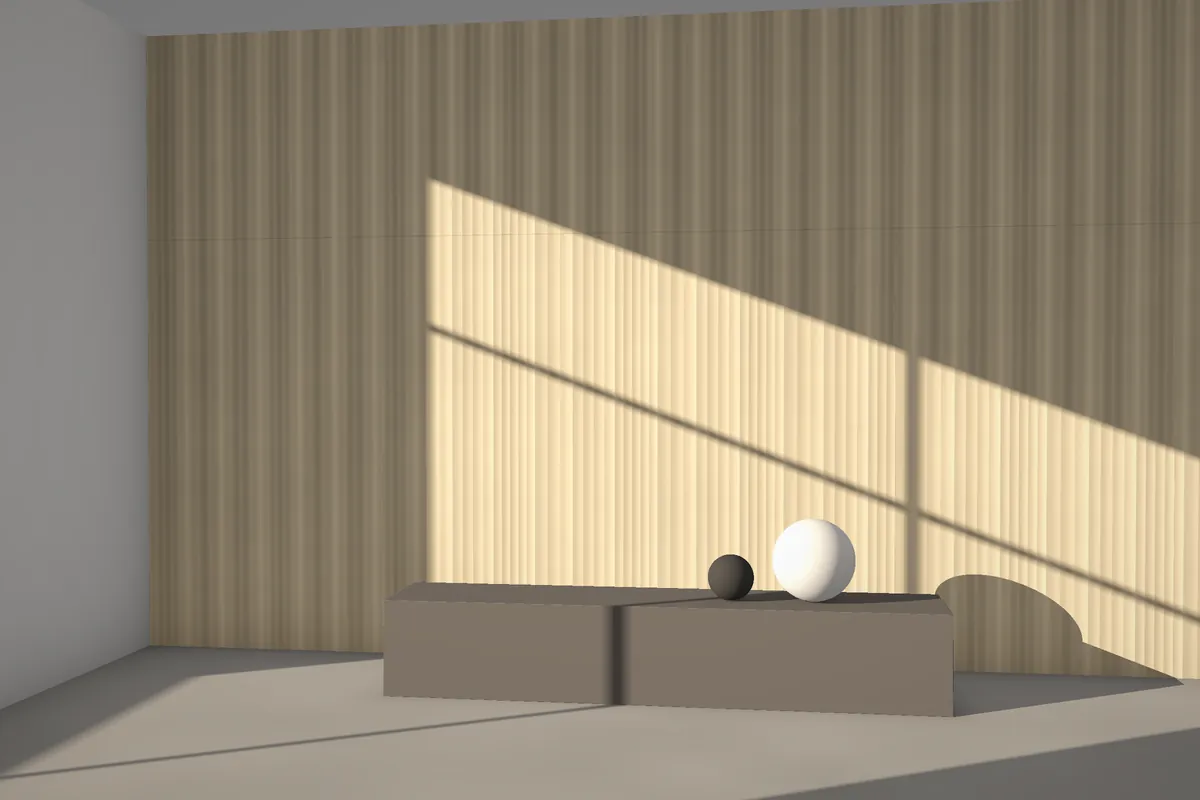 Cadence I fluted stone wall cladding on a feature wall in daylight, visualised in sandstone