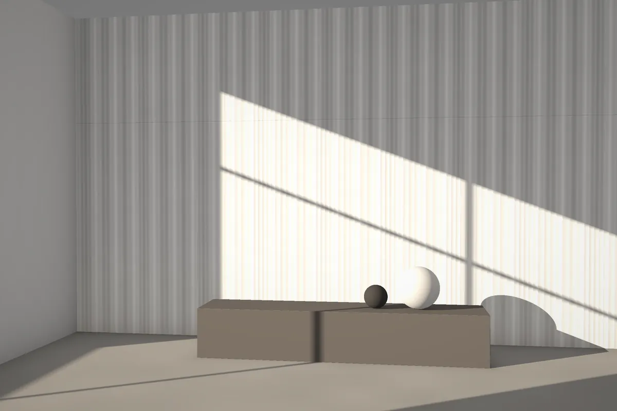 Cadence II fluted stone wall cladding on a feature wall in daylight, visualised in white marble