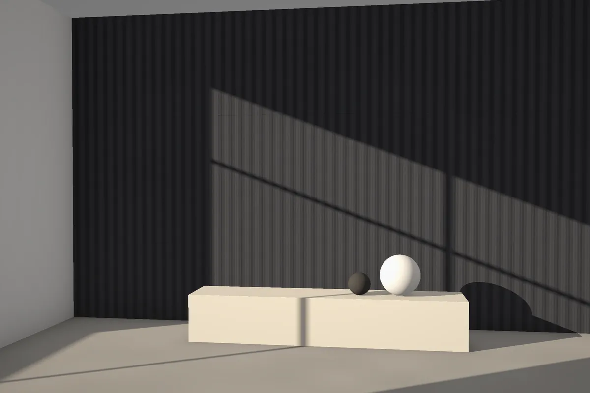 Ripple Wave fluted stone wall cladding on a feature wall in daylight, visualised in black granite