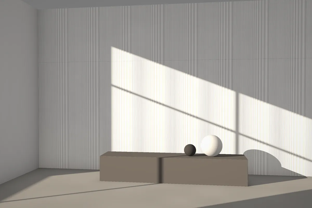 Drift fluted stone wall cladding on a feature wall in daylight, visualised in white marble