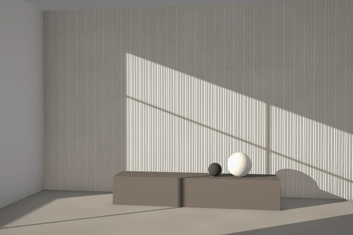 Scallop & Notch fluted stone wall cladding on a feature wall in daylight, visualised in quartzite