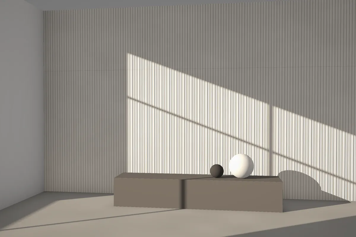 Double Crest fluted stone wall cladding on a feature wall in daylight, visualised in quartzite