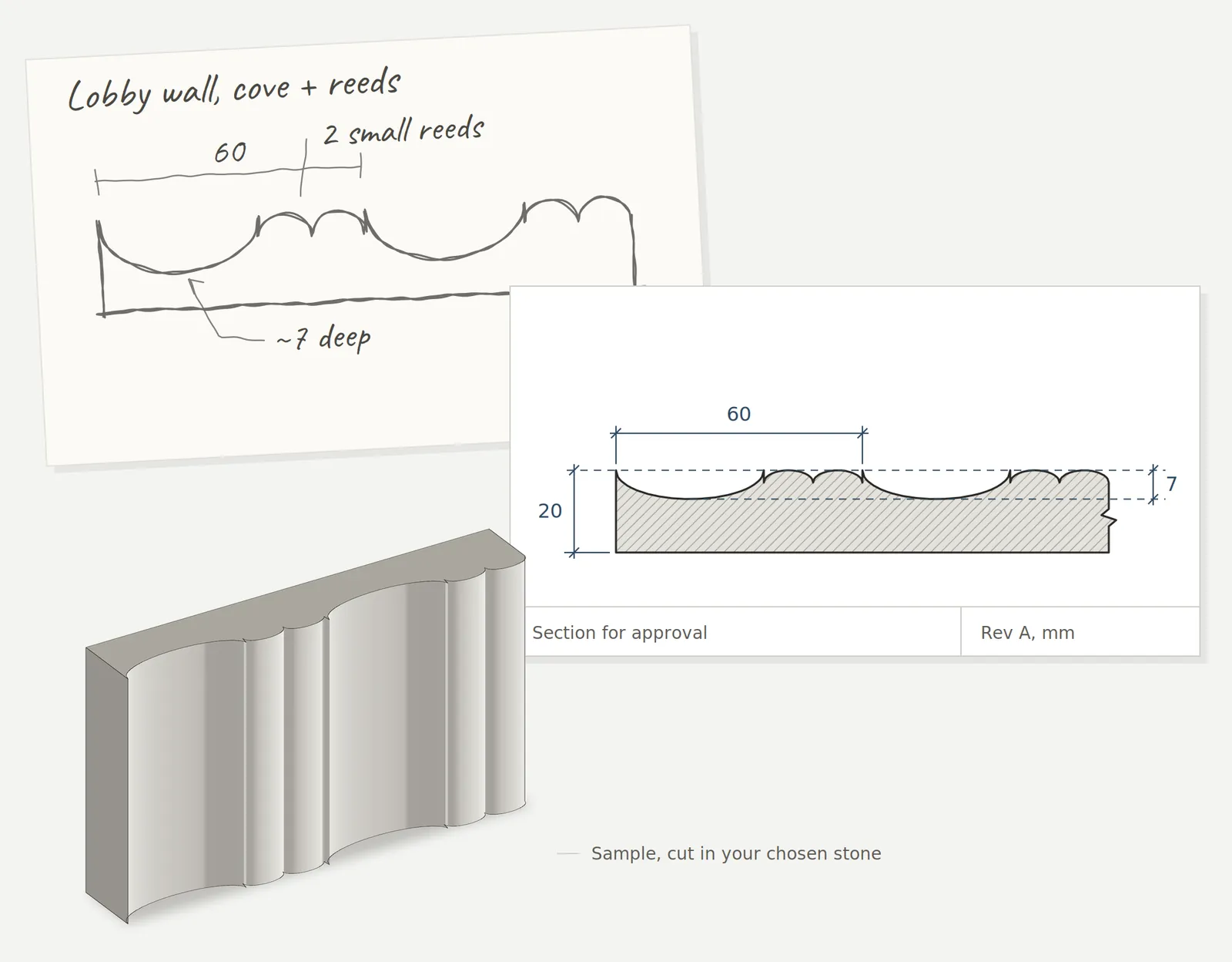 A sketch, section drawing and stone sample for a custom fluting design