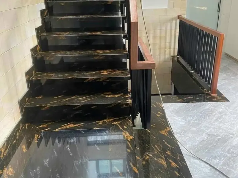 Escalier en granit Or Fish présentant du granit noir avec des stries et mouches dorées—idéal pour des sols intérieurs élégants et durables.