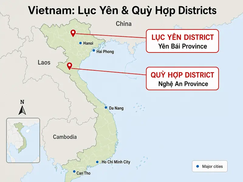 Map of Vietnam showing Vietnam White marble quarry districts: Luc Yen in Yen Bai Province north of Hanoi, and Quy Hop in Nghe An Province to the south.