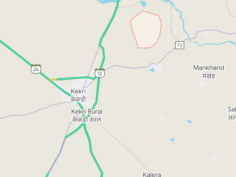 Map showing the cluster of Markino Black Granite quarry locations near Kekri, Rajasthan, India.